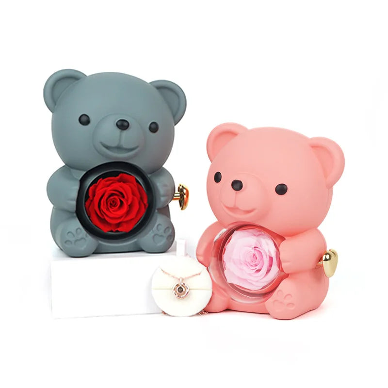 Double Heart Custom 2Name Rotating Bear Rose Jewelry Box