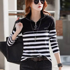 Women's Shirt Fashion Top Long Sleeve T-shirt Spring and Autumn New Style High end Fashion Polo Collar Stripe Slimming Casual