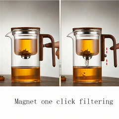 One Click Magnetic Switch Tea Separation Filtration Glass Tea Pot Wood Handle Tea Water Separation Inner Container Teapot