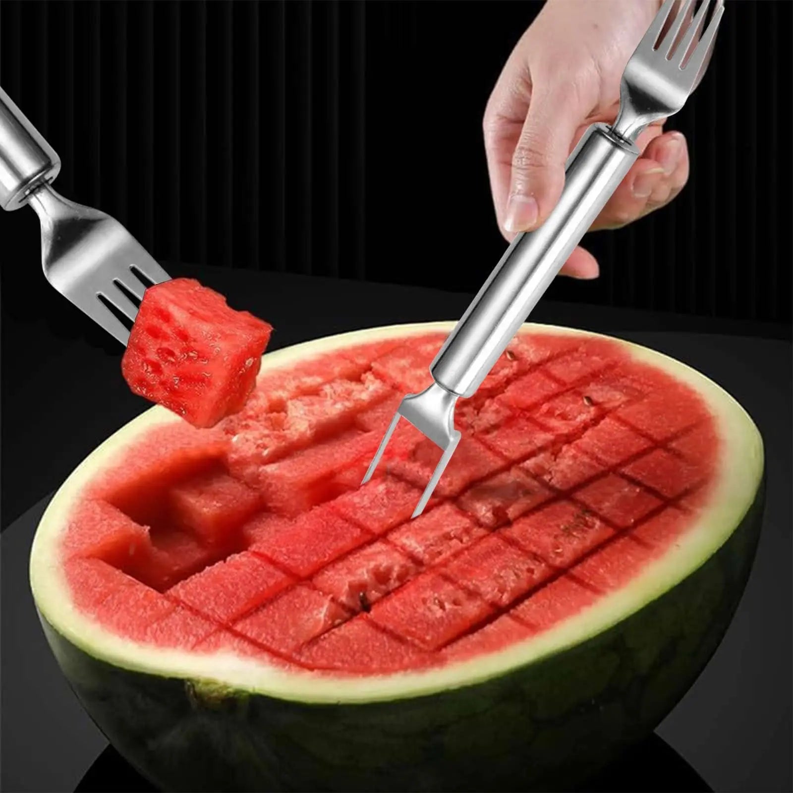 2-in-1 Stainless Steel Fruit Cutter,Dual Head Watermelon Fork Cutter Slicer Tool For Home Kitchen