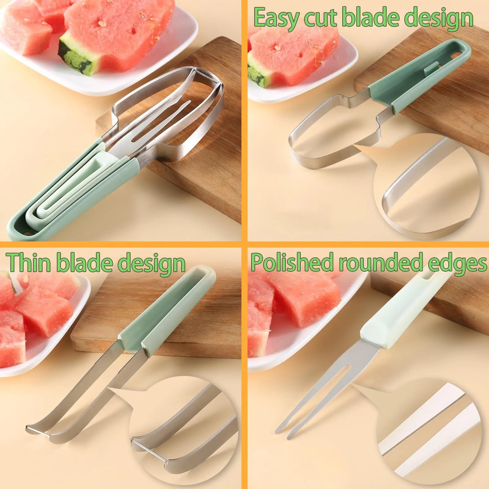 3-in-1 Watermelon Fork Slicer Cutter, 2024 Stainless Steel Fruit Watermelon Cutting Tool Fork Slicer Knife Set for Home Kitchen