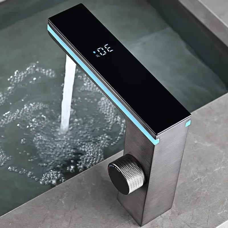 Digital Temperature Display Bathroom Basin Faucet Intelligent LED Deck Mounted Washbasin Hot Cold Water Mixer Sink Tap