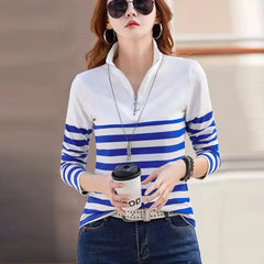 Women's Shirt Fashion Top Long Sleeve T-shirt Spring and Autumn New Style High end Fashion Polo Collar Stripe Slimming Casual