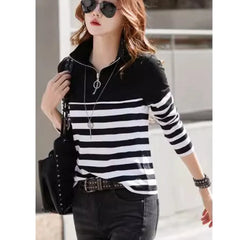 Women's Shirt Fashion Top Long Sleeve T-shirt Spring and Autumn New Style High end Fashion Polo Collar Stripe Slimming Casual